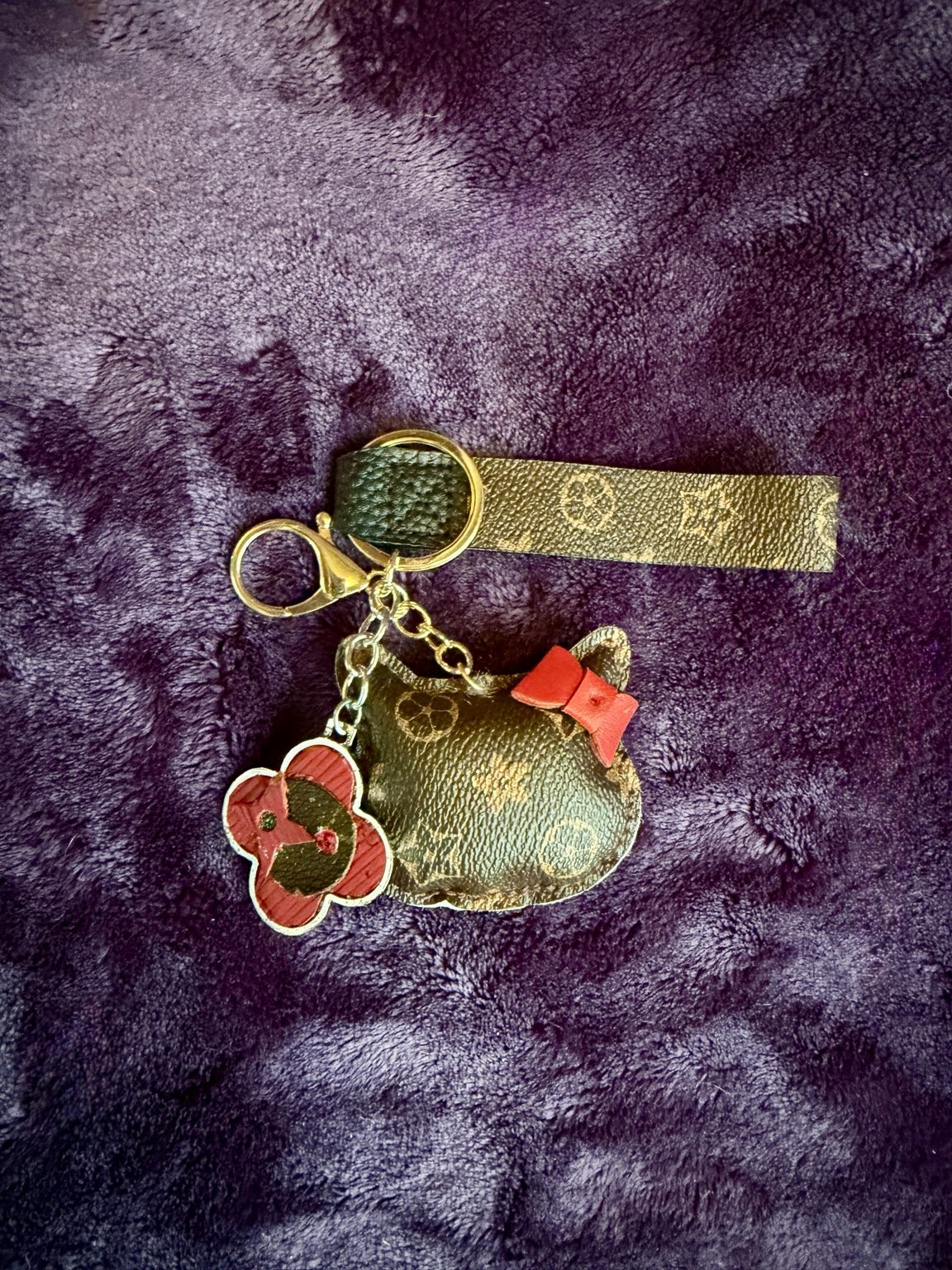 $8 Keychain #16 — Gold & Red Up-Cycled Kitty Wristlet Keychain