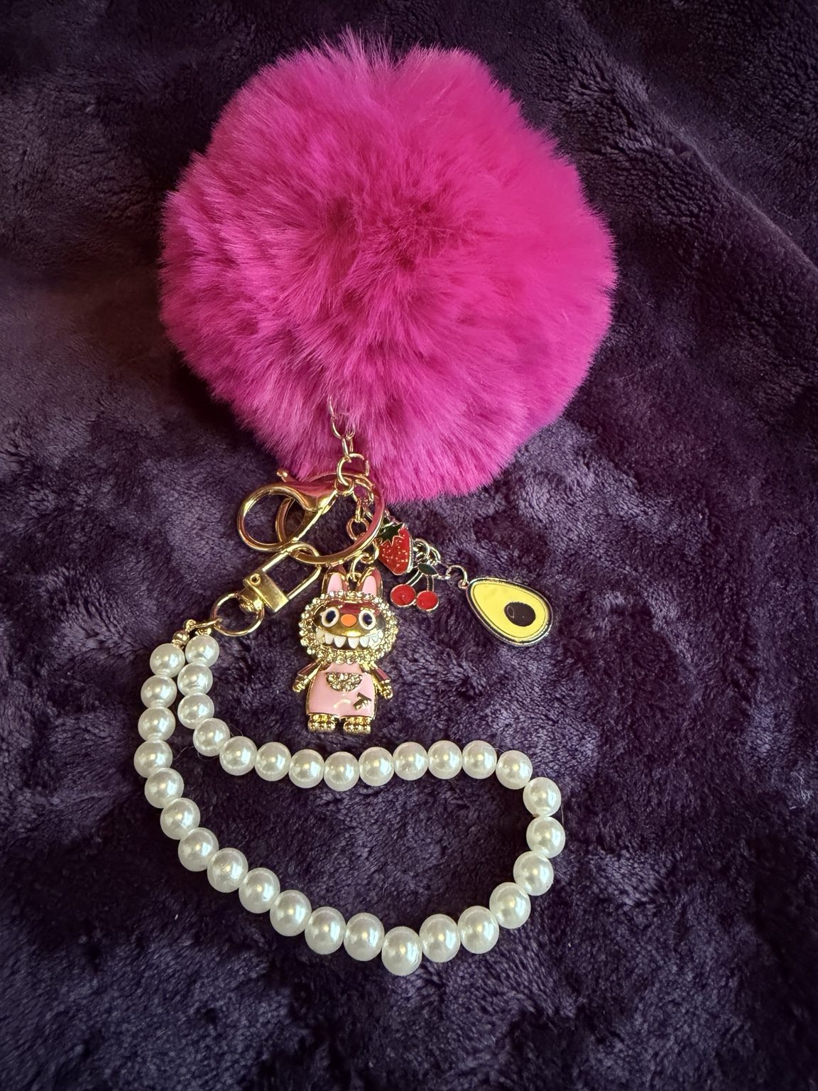 $6 Keychain #10 — Pink Pom Pearl Charm Keychain