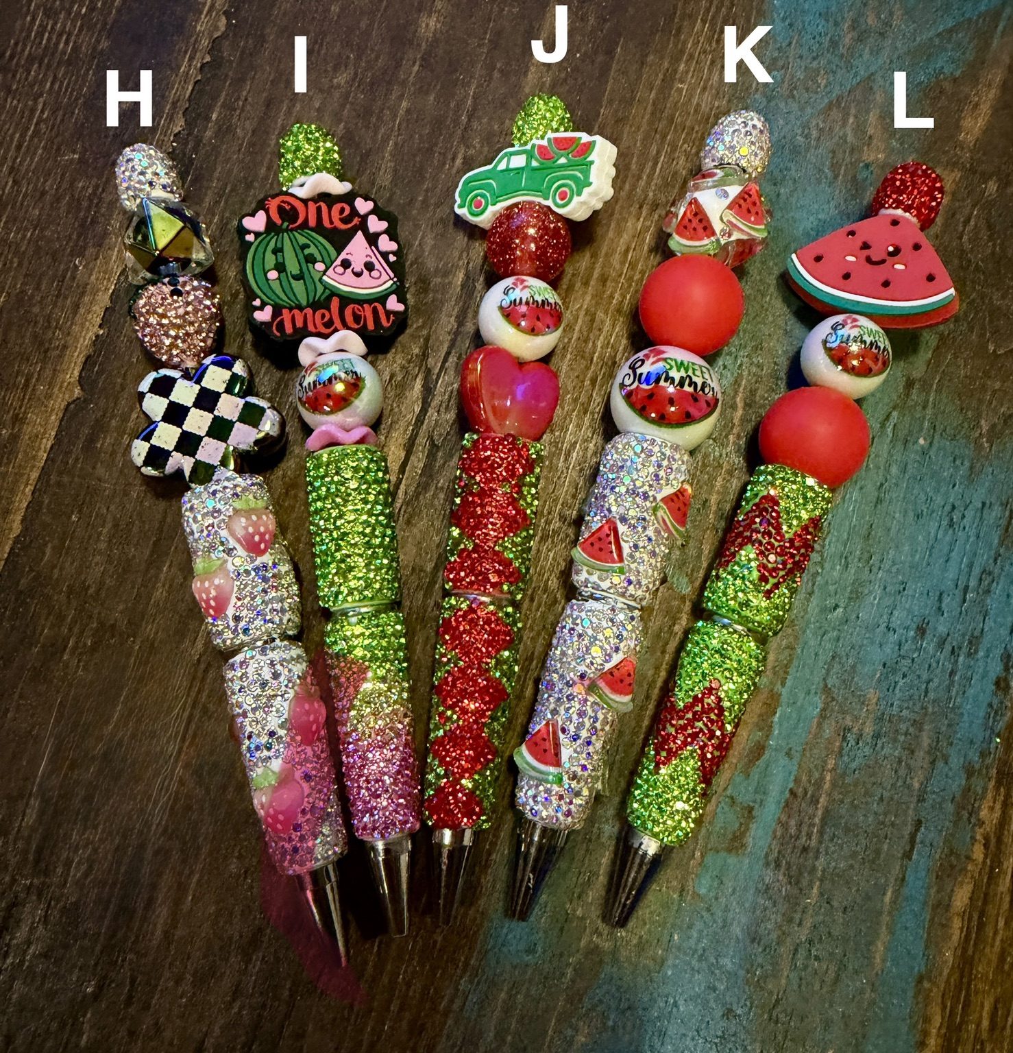 Watermelon Summer Bling Pens labeled H through L