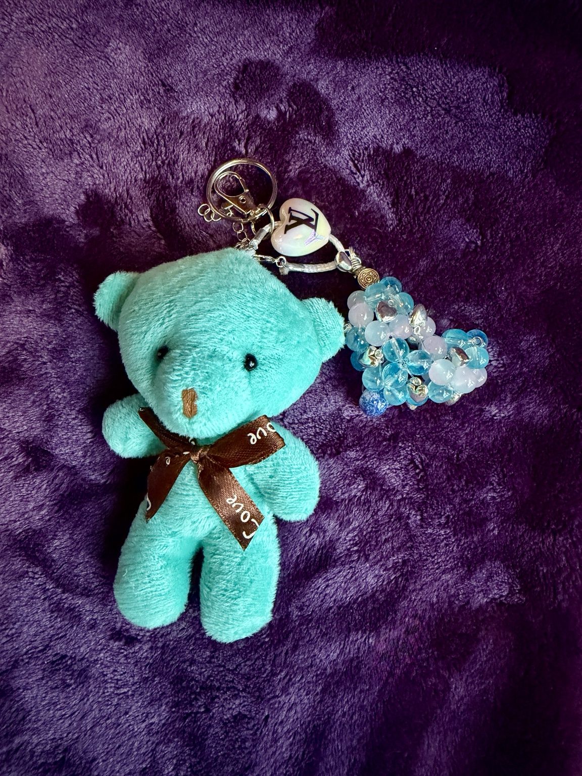 $8 Keychain #2 — Aqua Teddy & Blue Beaded Keychain