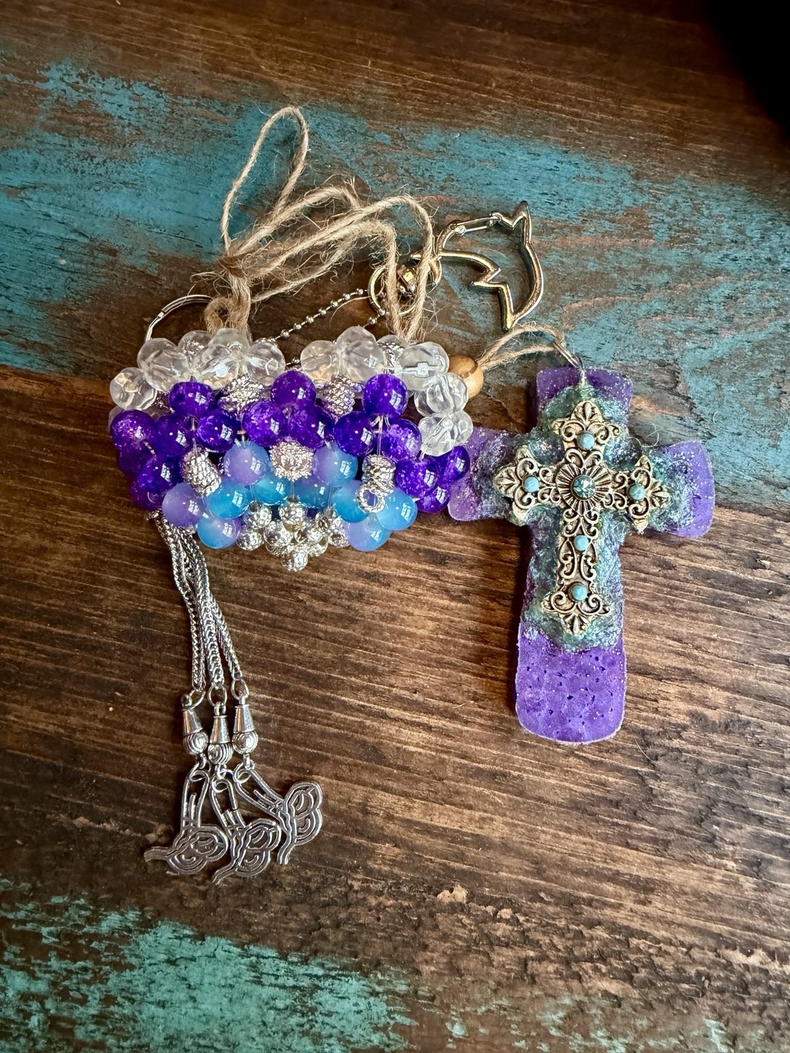 $8 Keychain #3 — Purple Cross & Beaded Charm Keychain